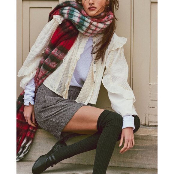 FREE PEOPLE Falling For You Brushed Plaid Scarf / Candy Apple - Picture 6 of 9